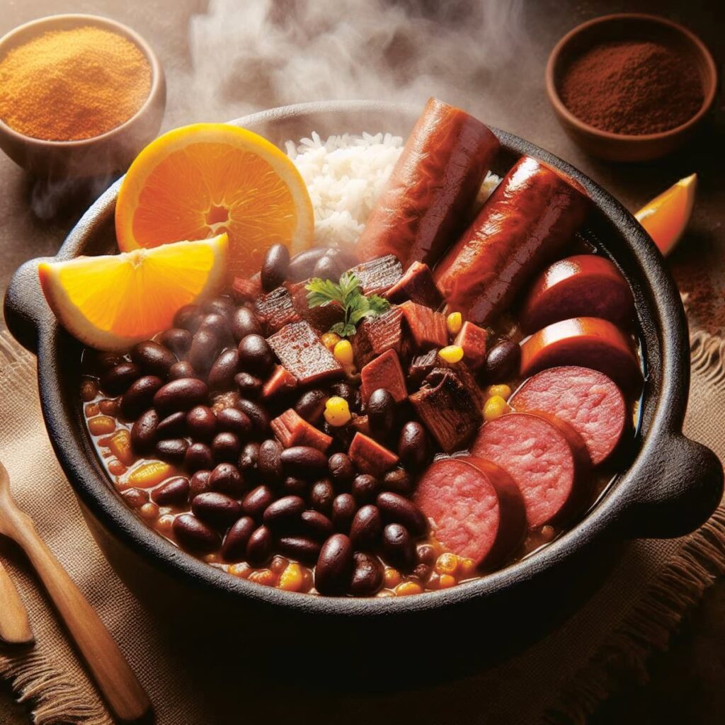 Imagem mostra uma saborosa feijoada com laranja e linguiça calabresa.